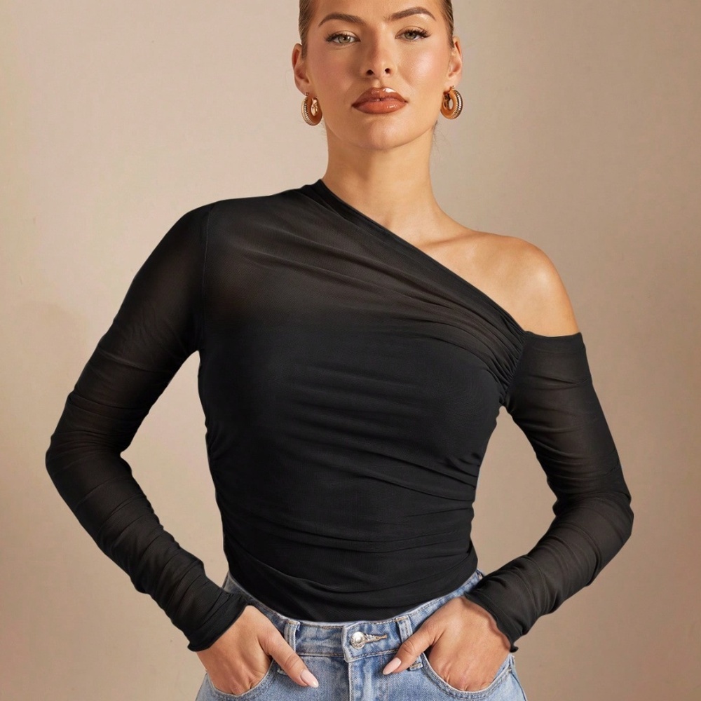 Black Mesh Ruched Asymmetrical Slim Fitted Shirt Tee Top Sheer